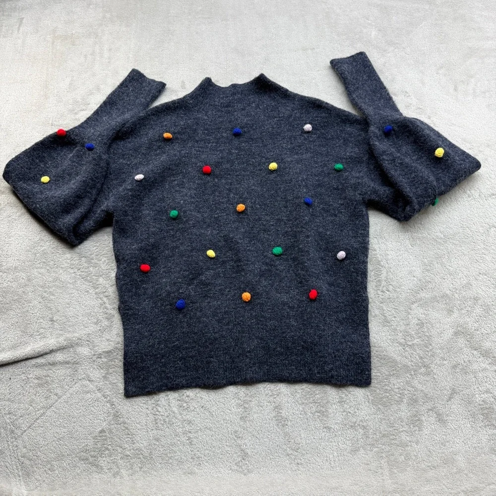 Sugar Lips Sweater Women XS Gray Pom Pom Mock Neck High Low STT15952